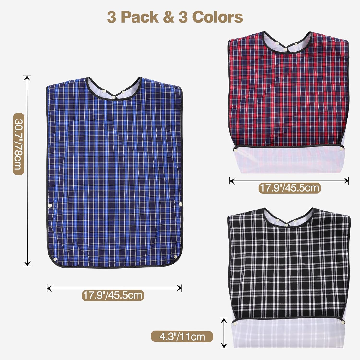 Adult Bibs, 3 Pcs Washable Clothing Protector with Crumb Catcher for Eating, Reusable Waterproof Large Feeding Adult Bibs for Men Women Elderly Senior, Black/Red/Blue - Image 7