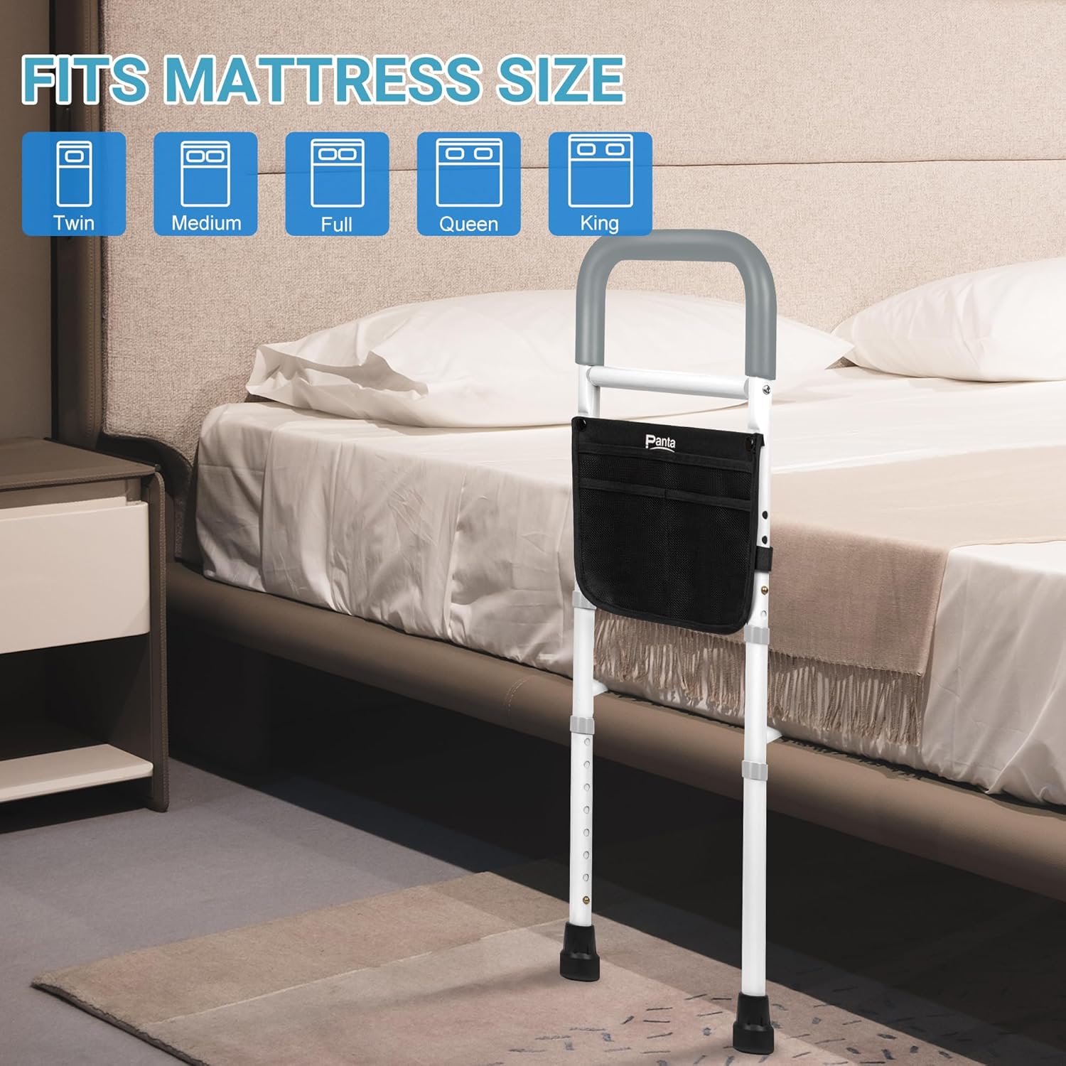 Panta Bed Rails for Elderly Adults Safety, Adjustable Bed Assist Rails for Seniors, Bed Side Rails with Support Legs and Storage Pocket, Portable Bed Cane Fit King, Queen, Full, Twin Bed, Grey - Image 3