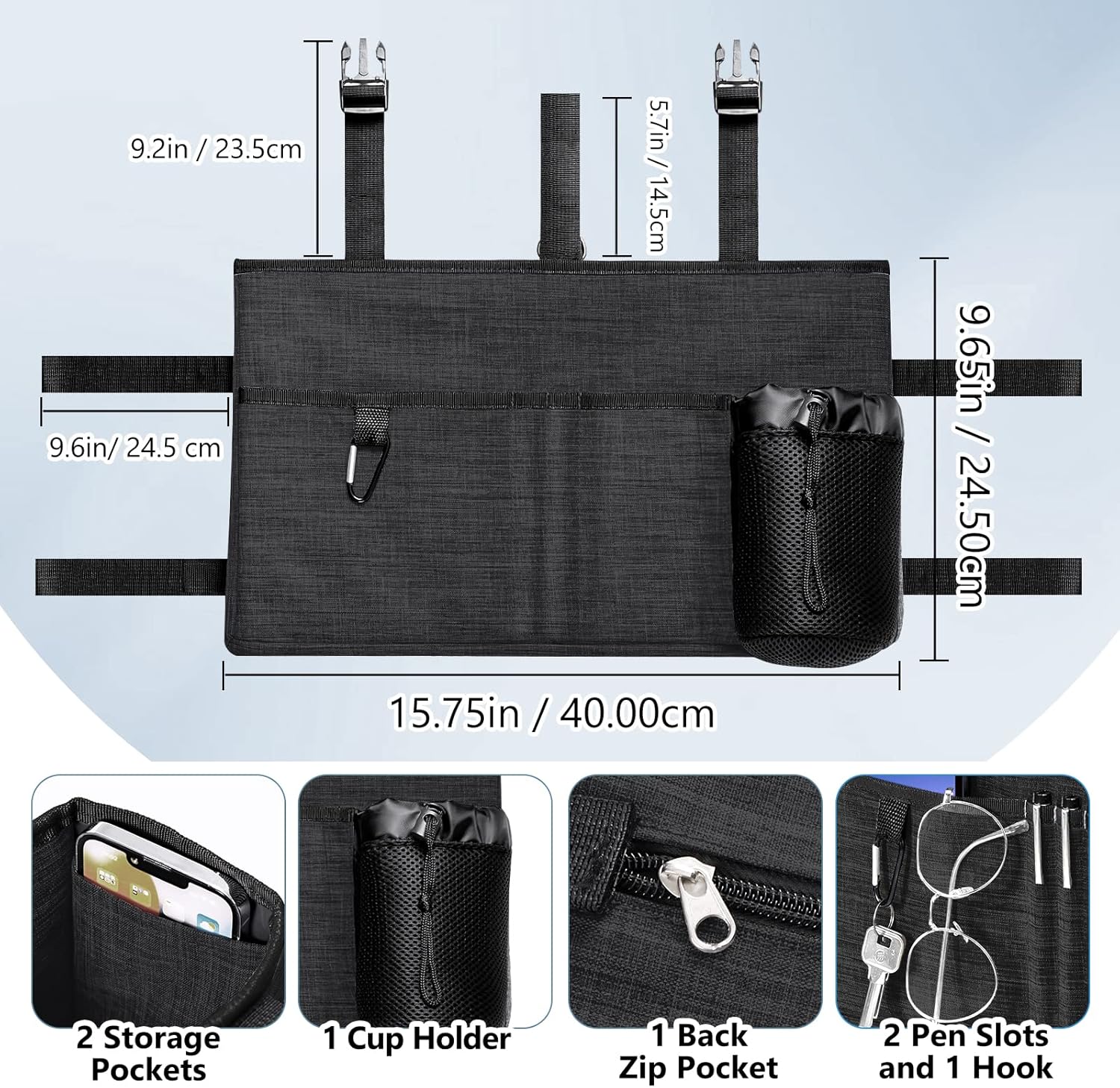 Rhino Valley Walker Bag, Multi Pockets Folding Walker Basket Tote Bag with Cup Holder, Hand-Free Carry Pouch Storage Bag for Universal Walkers, Large Capacity Organizer for Seniors Elderly, Black - Image 5