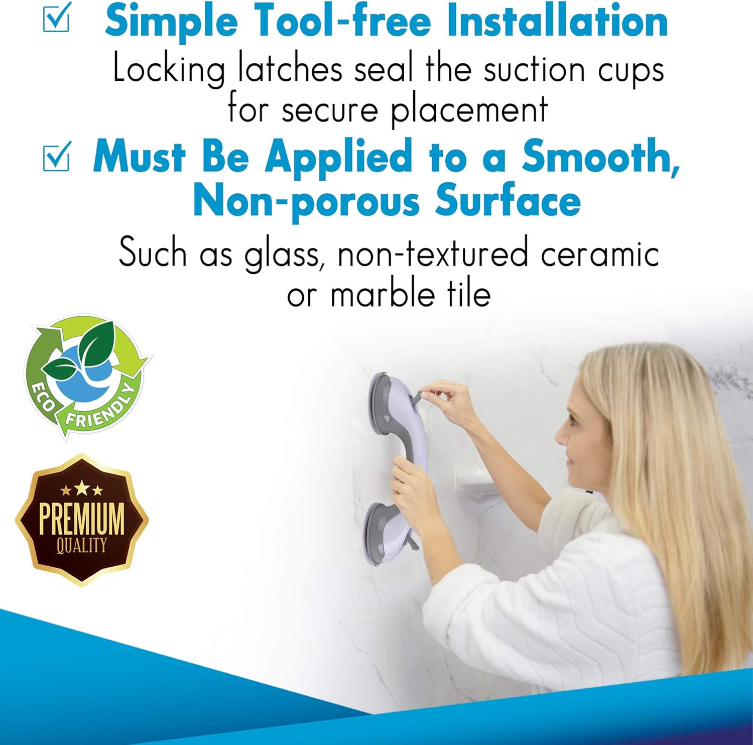 Grab Bars for Bathtubs and Showers, 12 Inch Shower Handle 2 Pack Shower Handles for Elderly Suction Cup, Handicap Seniors Safety Bathroom Bath Grip - ONLY for Tiles Glass & Hard Plastic - Image 9