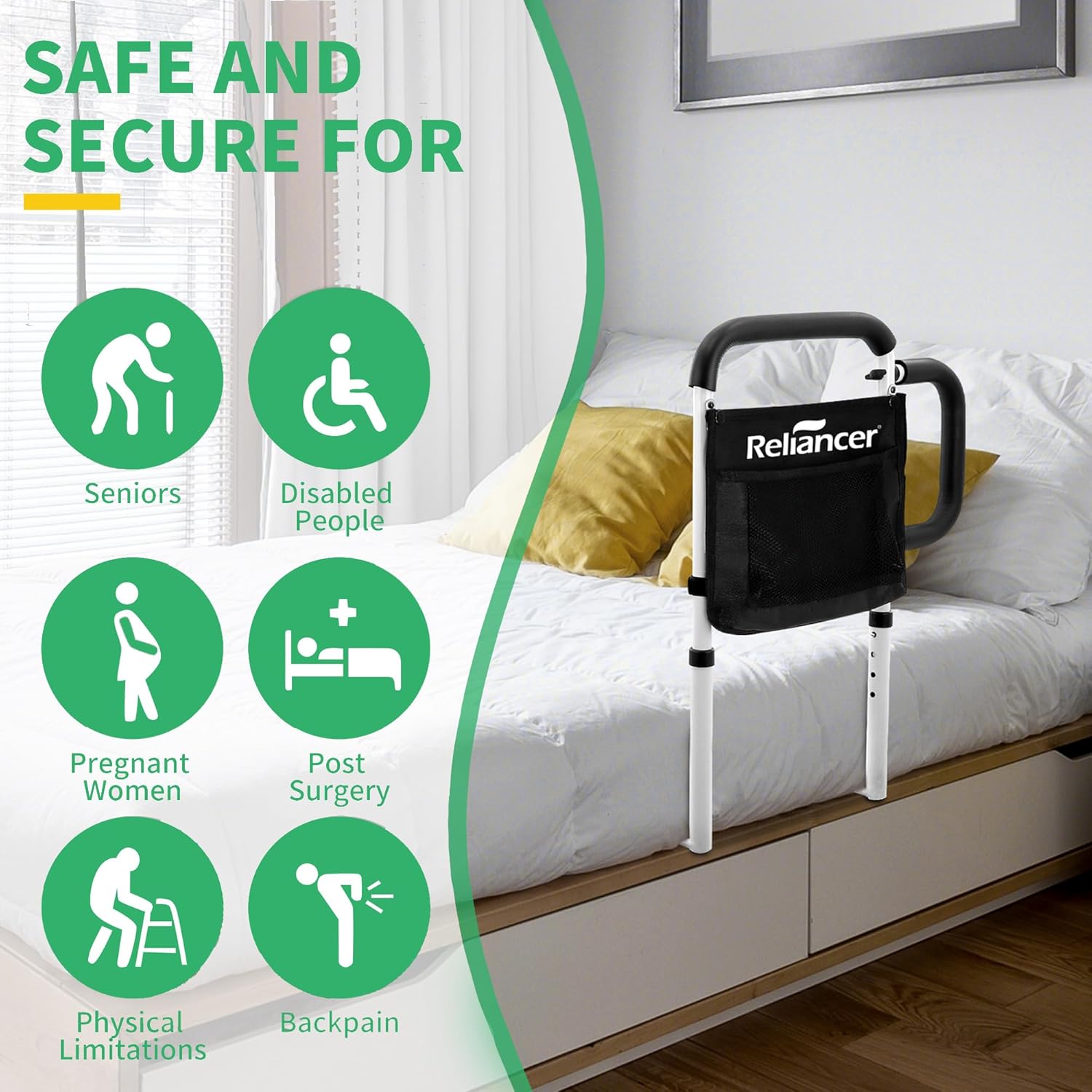 RELIANCER Bed Safety Rail for Elderly Adult w/Side Support Bar&Storage Bag,Dual Handle Assist Grab Bar for Seniors,Adjustable Bedside Support Railing,Bed Side Assist Guard Rail,Bedside Hand Guard Bar - Image 9