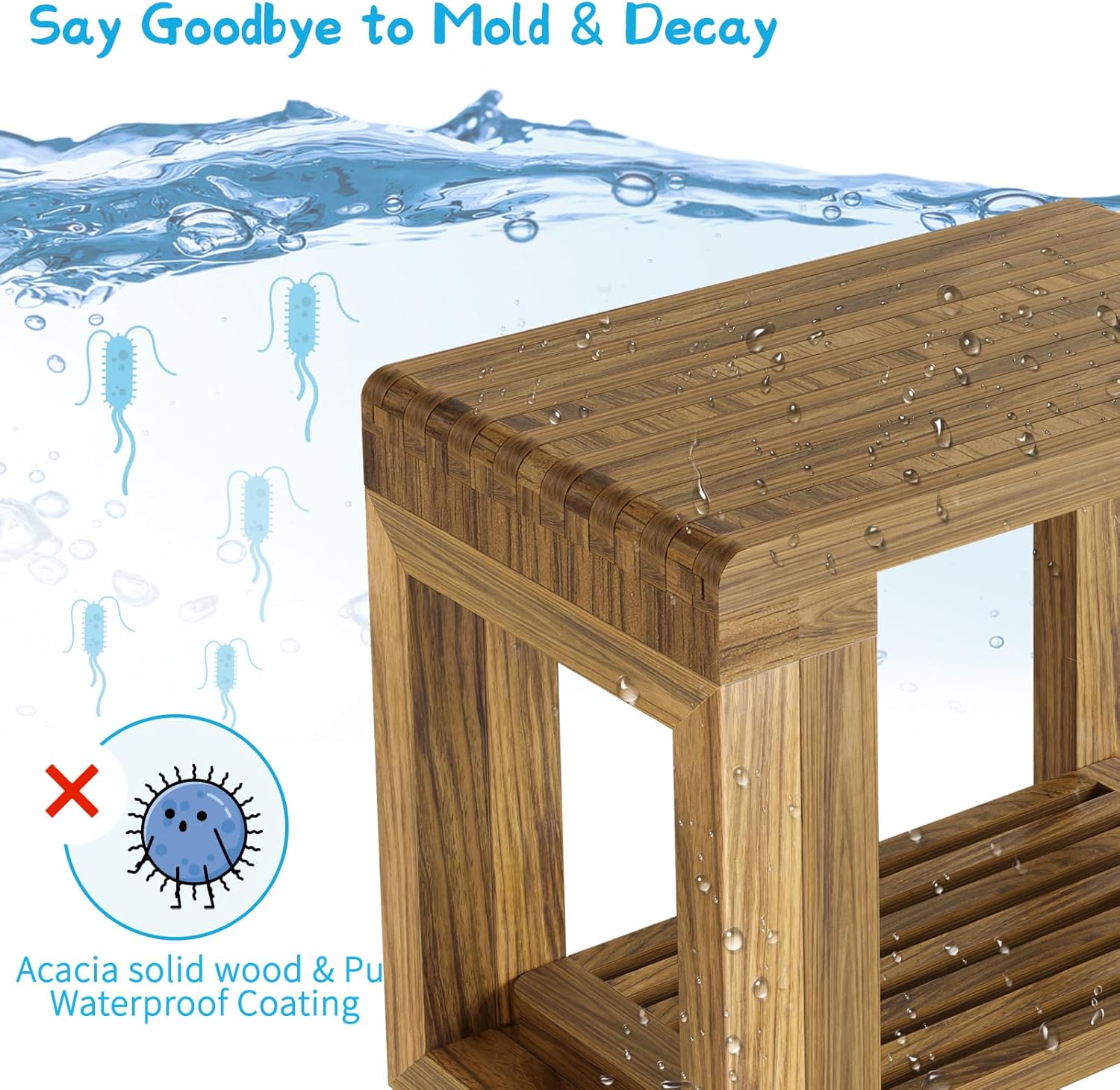 Shower Benches for Inside Shower, Adjustable Length 26.4” Shower Chair Stool with Storage Shelf for Shaving Legs, Spa, Acacia Wood Waterproof Bath Seat for Adults Seniors Elderly - Image 4