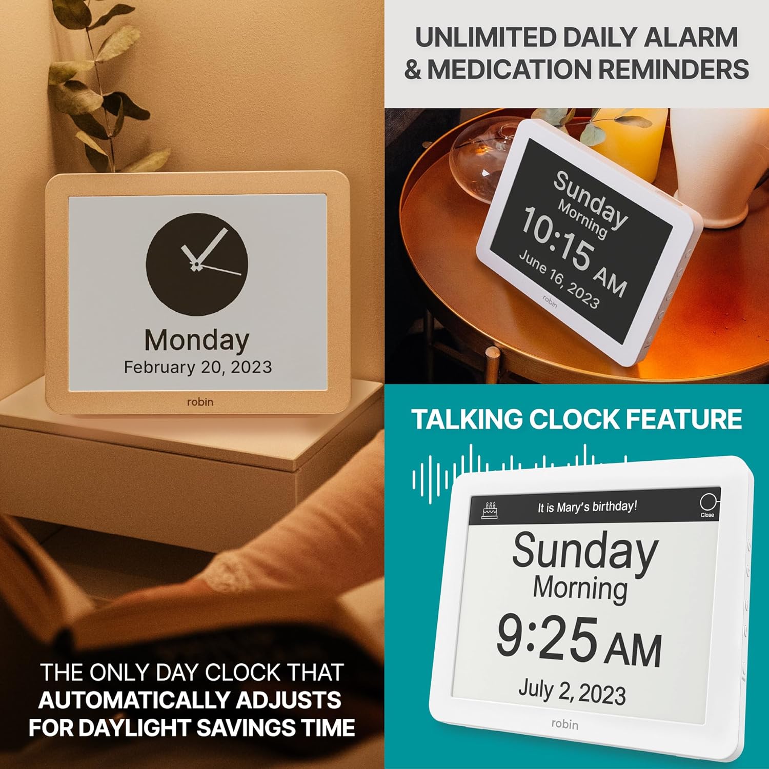 Robin Clock with Day and Date for Elderly, Clocks for Seniors, Dementia Clock, Digital Calendar Clock Elderly Bedside Clocks Seniors Alzheimers Products Dementia Clocks Seniors Extra Large, White 12" - Image 2