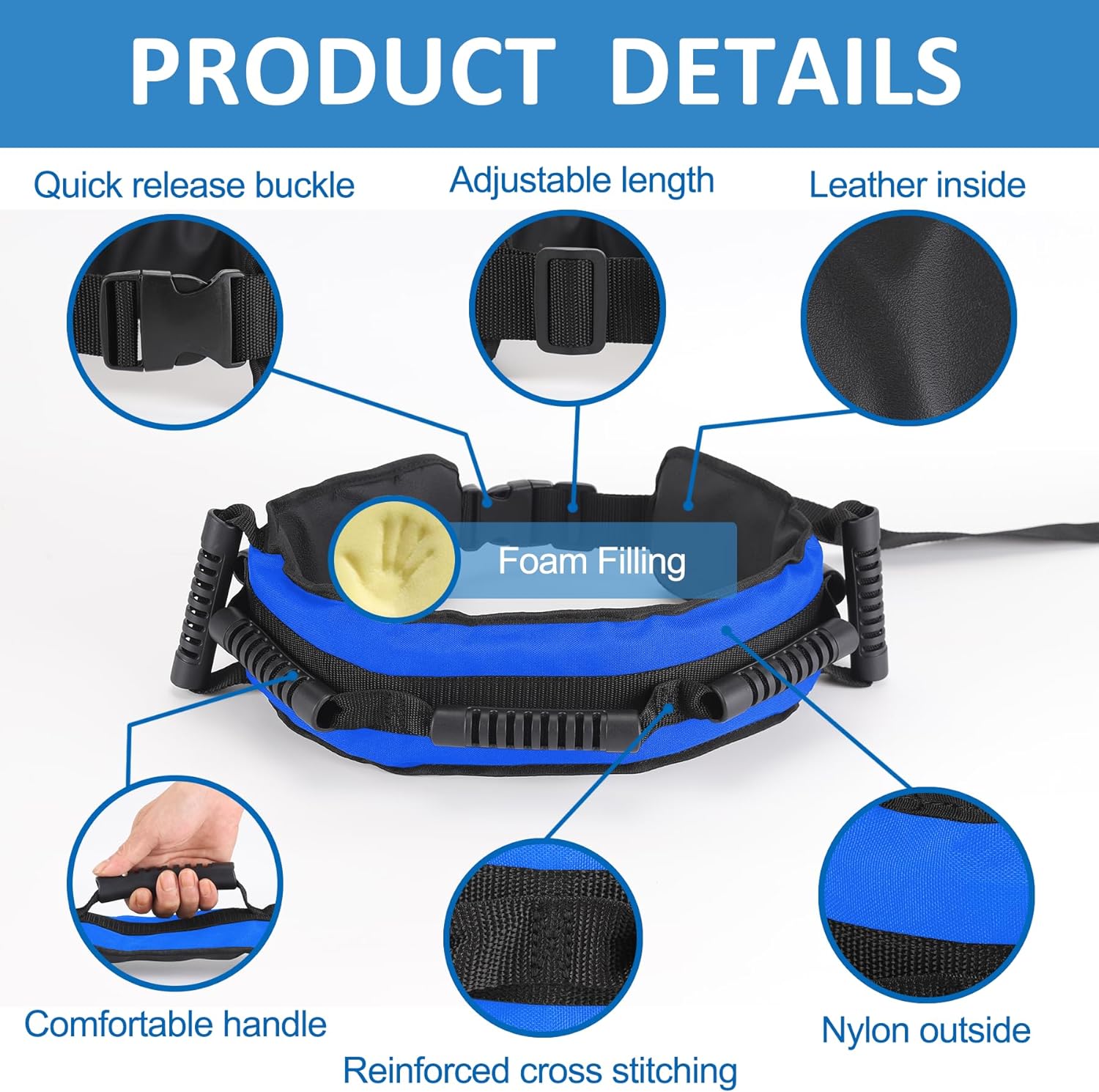 Gait Belt for Seniors, Transfer Belt with 7 Nylon Padded Handles, FSA HSA Eligible, Medical Belt for Lifting Patients, Safety Gait Belt for Elderly Easy to Use Quick Release Buckle(Blue) - Image 3