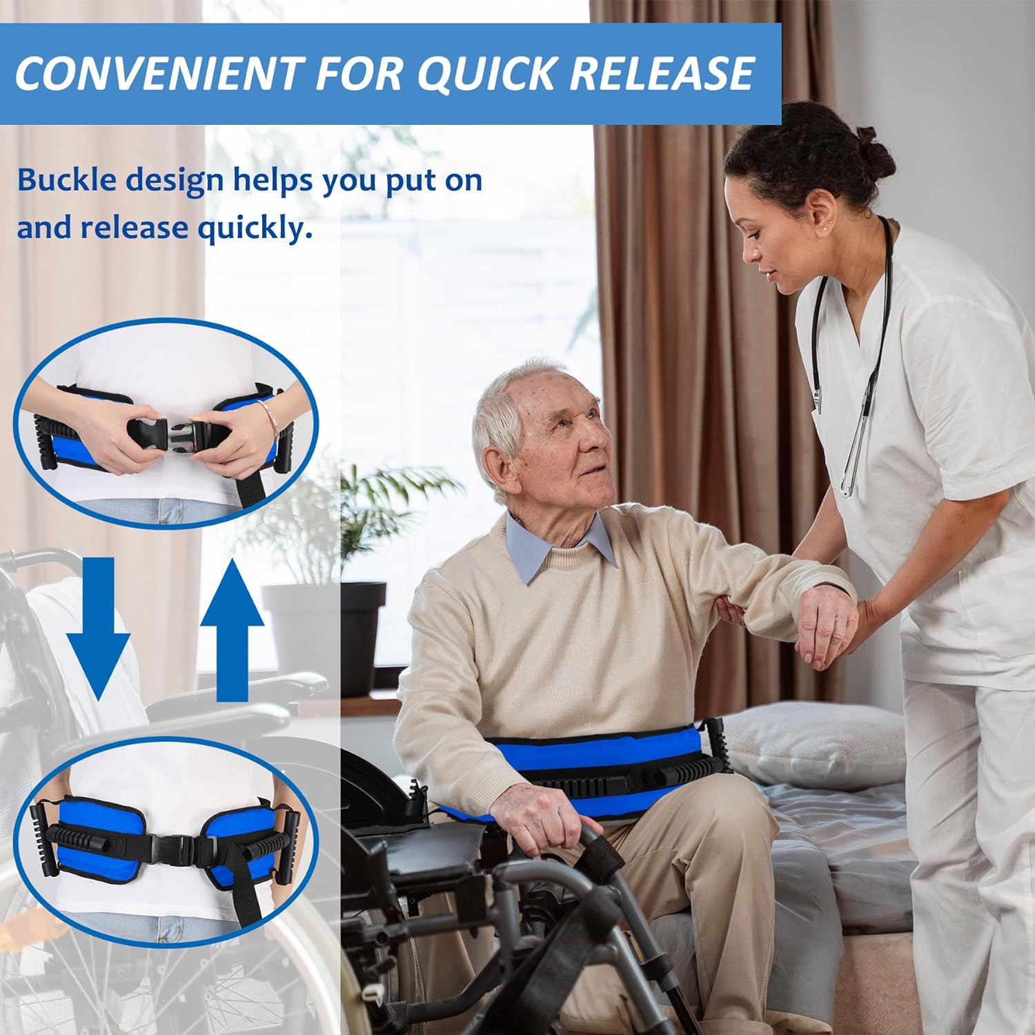 Gait Belt for Seniors, Transfer Belt with 7 Nylon Padded Handles, FSA HSA Eligible, Medical Belt for Lifting Patients, Safety Gait Belt for Elderly Easy to Use Quick Release Buckle(Blue) - Image 5
