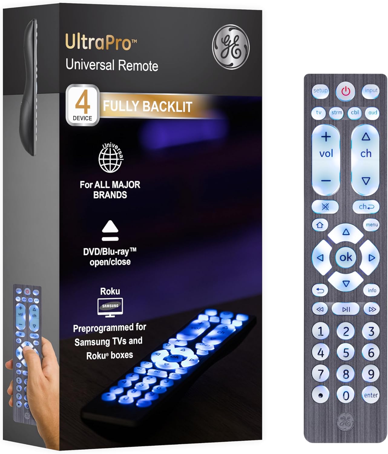 GE Universal Remote for Seniors, Elderly and Visually Impaired, Simple Use, Smart TV Compatible, 4 Device, Backlit, Brushed Graphite 71262