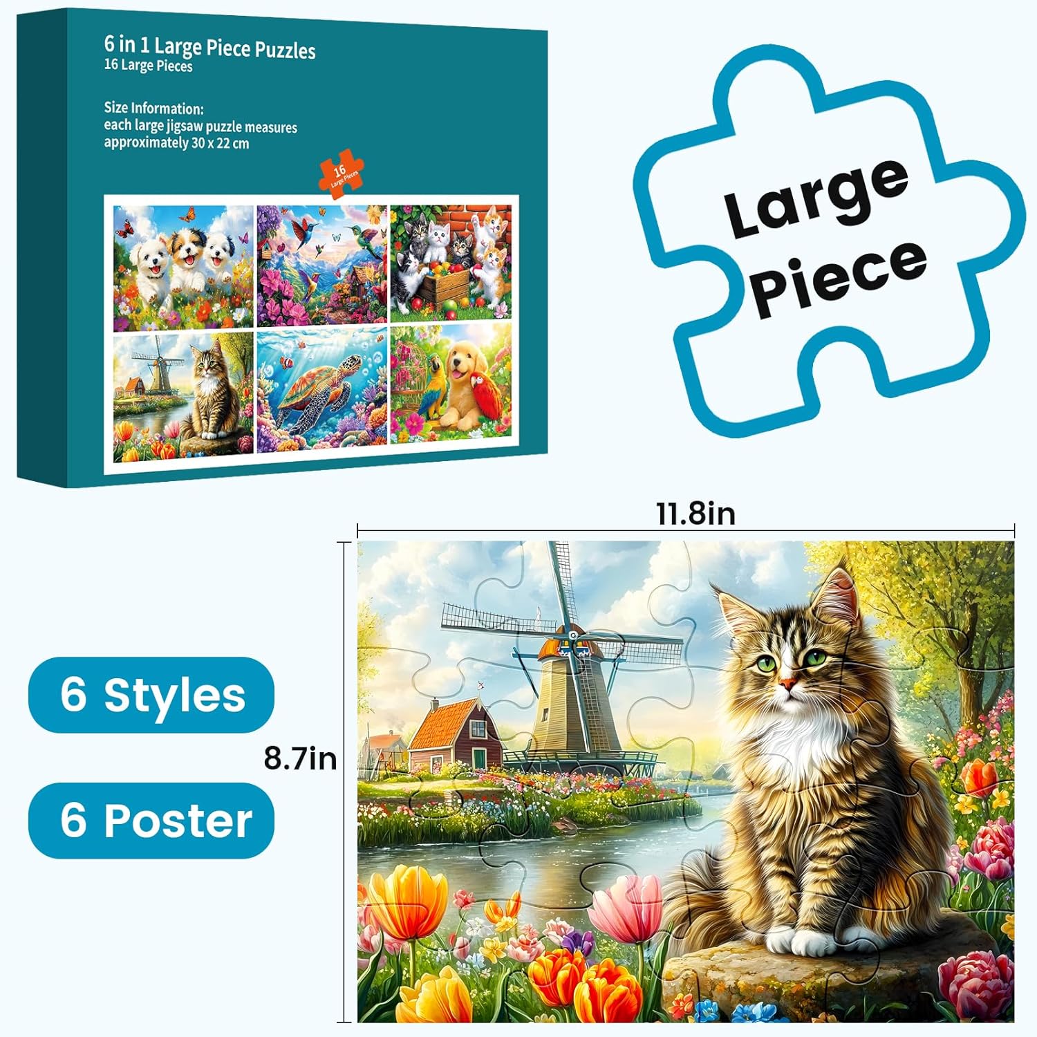 6 Packs 16 Large Piece Puzzle for Seniors Puzzle Dementia Alzheimer's Products Activities for Seniors Elderly Adult Dog Cat Turtle Easy Jigsaw Puzzle Alzheimers Memory Games with 6 Storage Bags - Image 2