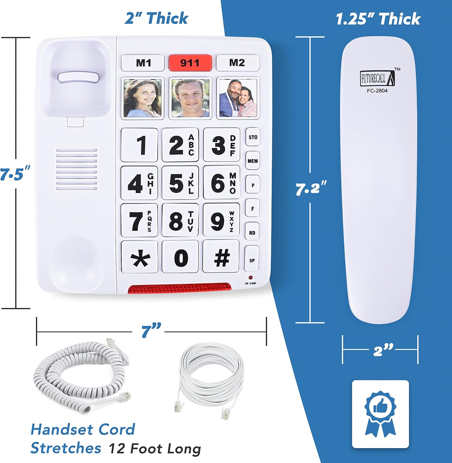 Future Call FC-2804 Big Button Phone for Seniors | 3 Picture Keys and Speakerphone | Amplified Telephones for Hearing Impaired Seniors 40db w/Extra Long 12' Cord | Simple Landline Phones for Seniors - Image 4