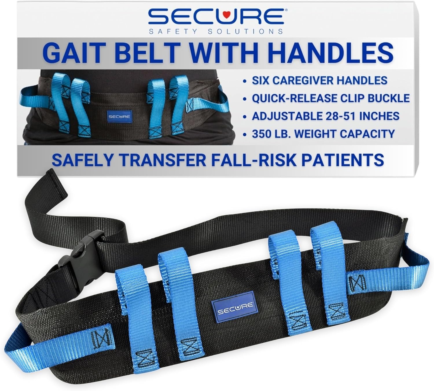 Secure Gait Belt for Seniors (350 lbs) - Transfer Belt with 6 Handles & Quick-Release Buckle, Walking Gait Strap for Lifting Elderly, Patient Lift Aid, Physical Therapy, Medical Nursing Safety Assist