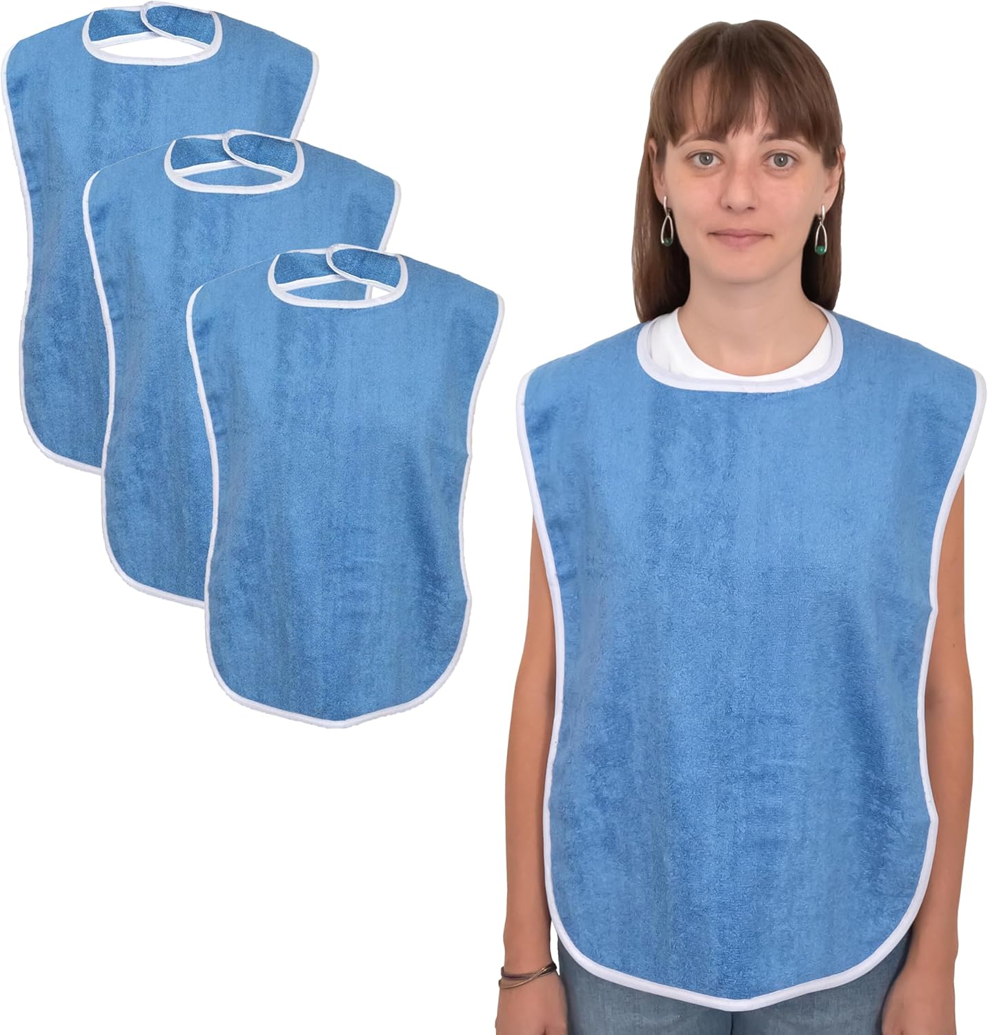 Elaine Karen 3 Pack Premium Adult Bibs - bibs for adults Men, Women; Eating Cloth for Elderly Seniors and Disabled, Adjustable, Terry bib Clothing Protectors, Machine Washable, Blue
