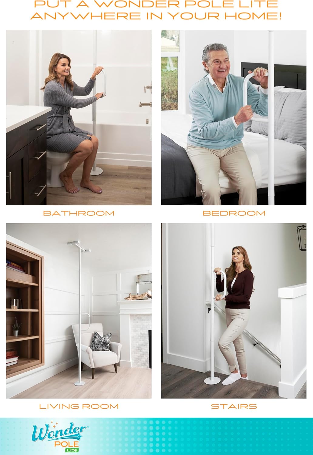Stander Wonder Pole Lite, Adjustable Floor to Ceiling Safety Grab Bar with Security Support Handle for Fall Prevention, Tension Mounted Transfer-Pole for Adults, Seniors, and Elderly, White - Image 3