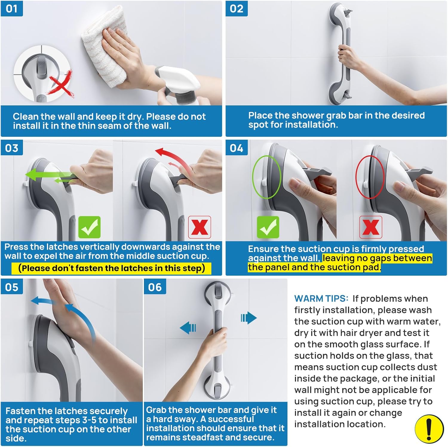 LEVERLOC 2 Pack Grab Bars for Bathtubs and Showers, Easy to Install Suction Shower Handles for Bathroom Removable Handrails for Seniors Elderly Heavy Duty Safety Grip Waterproof Drill Free Gray - Image 2