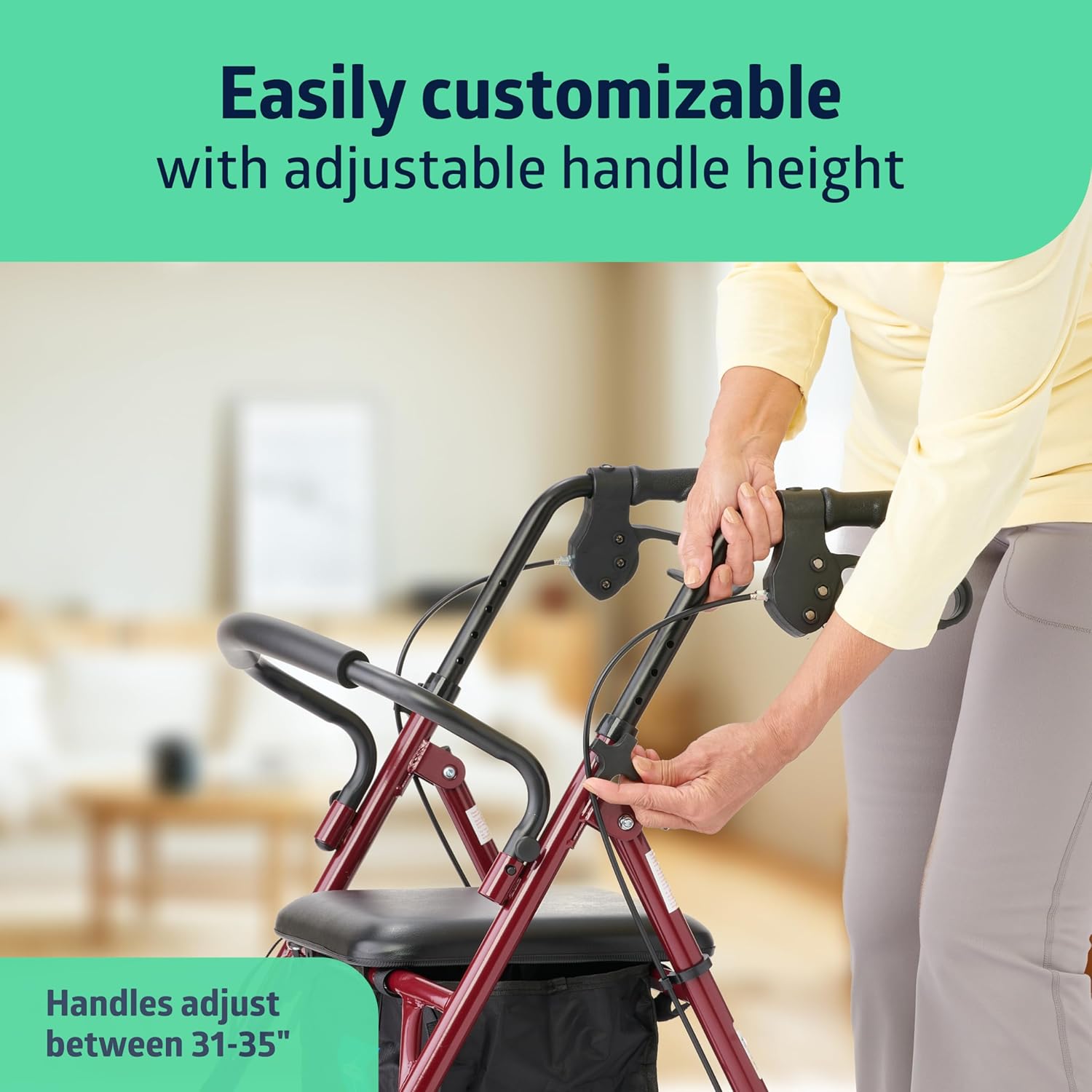 Medline Steel Rollator Walker with Seat, Burgundy, 350 lb. Weight Capacity, 6” Wheels, Foldable, Adjustable Handles, Rolling Walker for Seniors, Walker for Mobility Impaired - Image 4