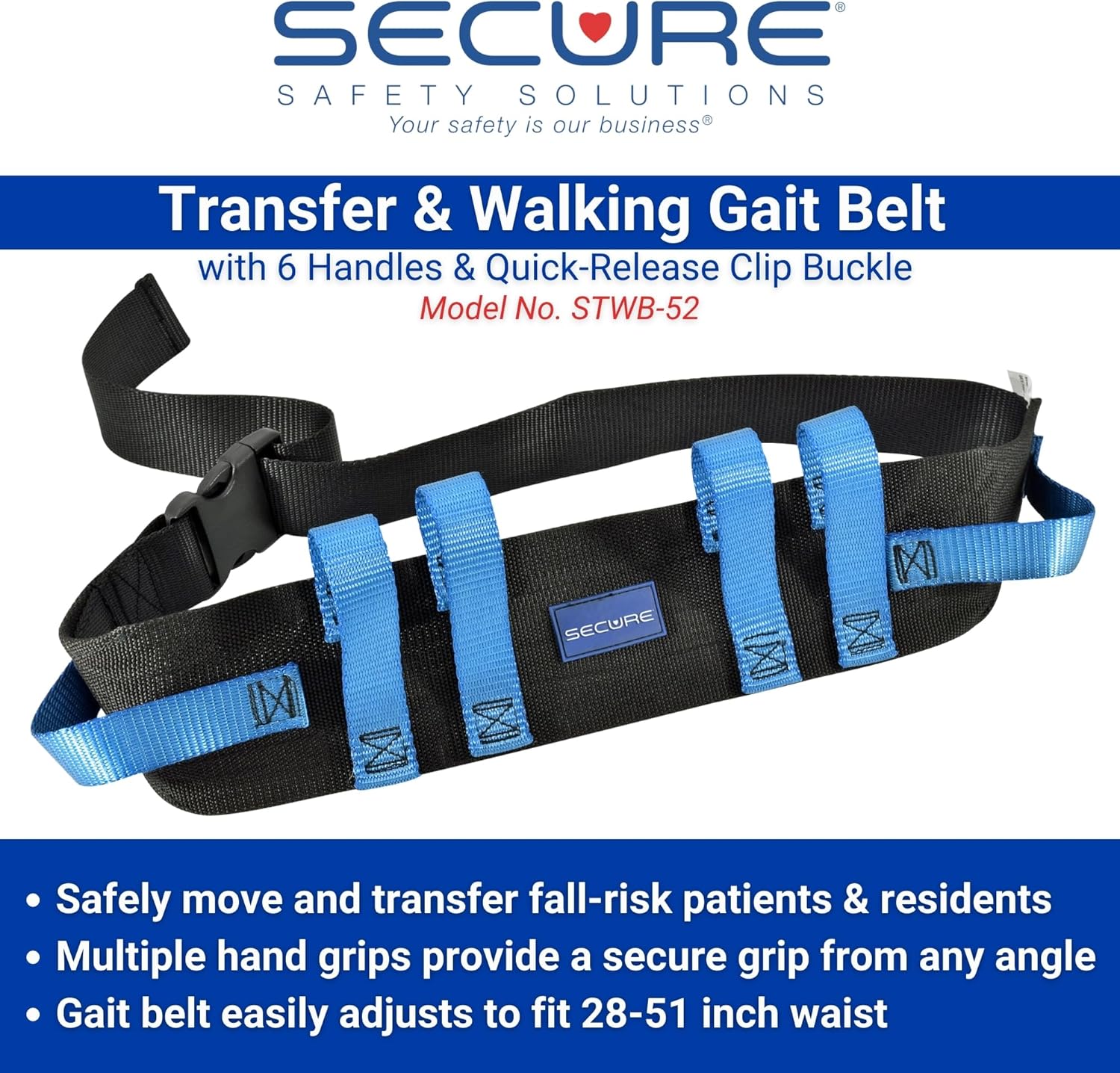 Secure Gait Belt for Seniors (350 lbs) - Transfer Belt with 6 Handles & Quick-Release Buckle, Walking Gait Strap for Lifting Elderly, Patient Lift Aid, Physical Therapy, Medical Nursing Safety Assist - Image 2