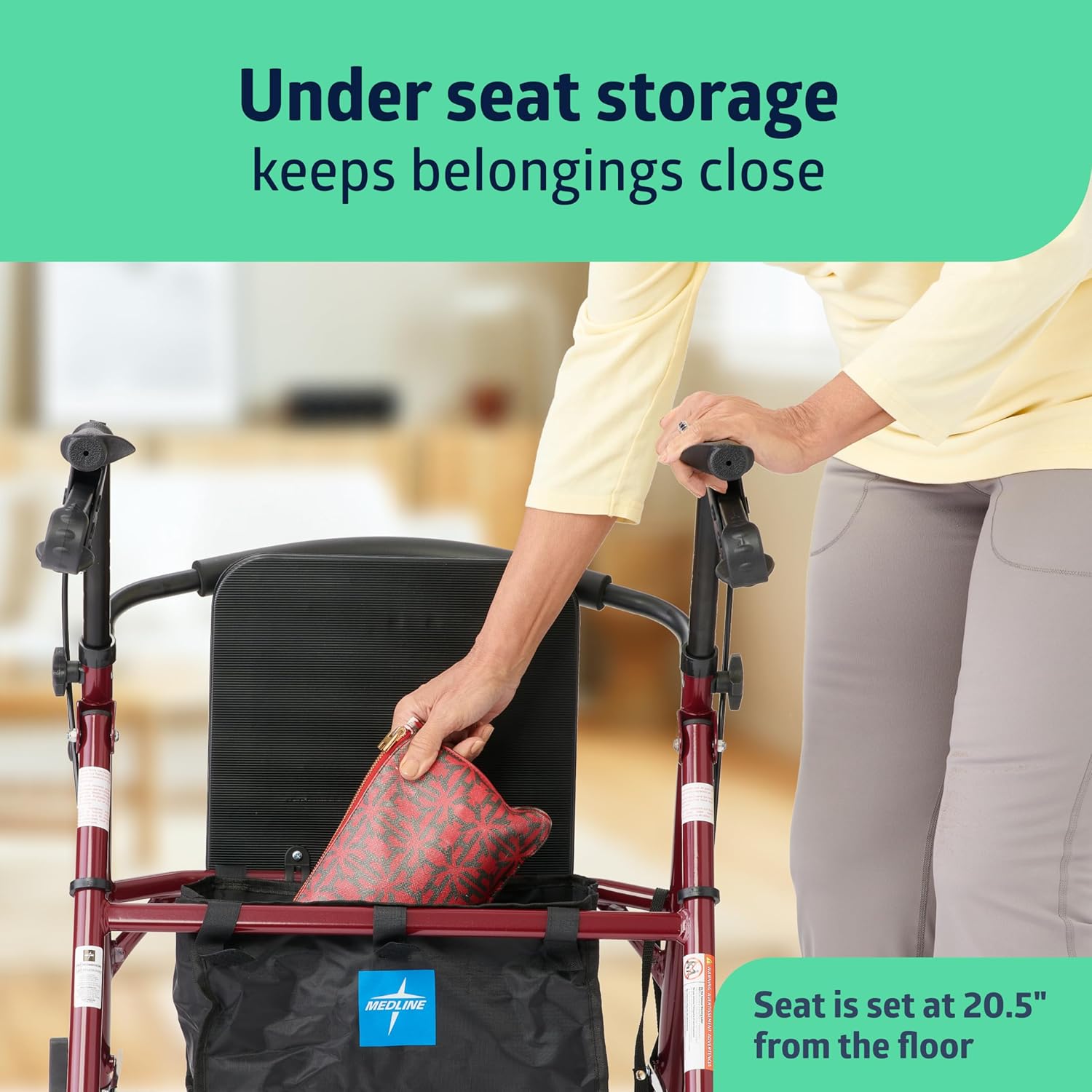 Medline Steel Rollator Walker with Seat, Burgundy, 350 lb. Weight Capacity, 6” Wheels, Foldable, Adjustable Handles, Rolling Walker for Seniors, Walker for Mobility Impaired - Image 6