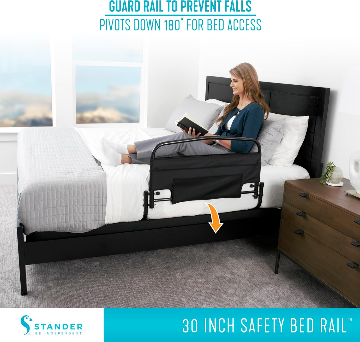 Stander 30inch Safety Bed Rail with Padded Pouch, Folding Guardrail for Adults, Seniors, and Elderly, Bedside Stand Assist Bar, Fits King, Queen, Full, and Twin Beds, ASTM Safety Approved Bedrail - Image 2