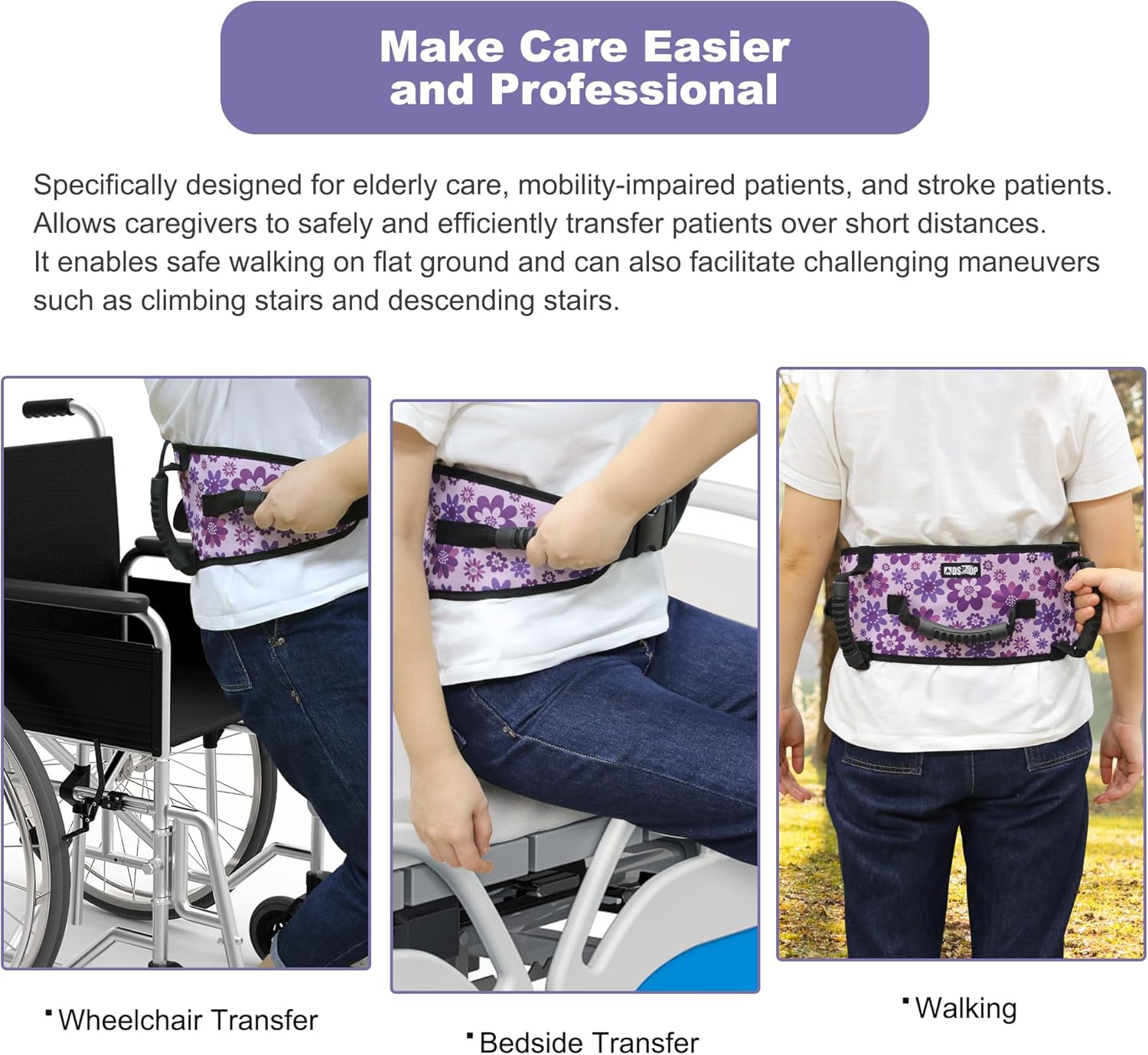 Gait Belt Transfer Belt for Seniors with Handles, Anti-Slip Gate Belt for Elderly Lifting with Quick Release Buckle, Medical Belt for Lifting Patients, for Handicap, Physical Therapy, Elderly (Purple) - Image 3