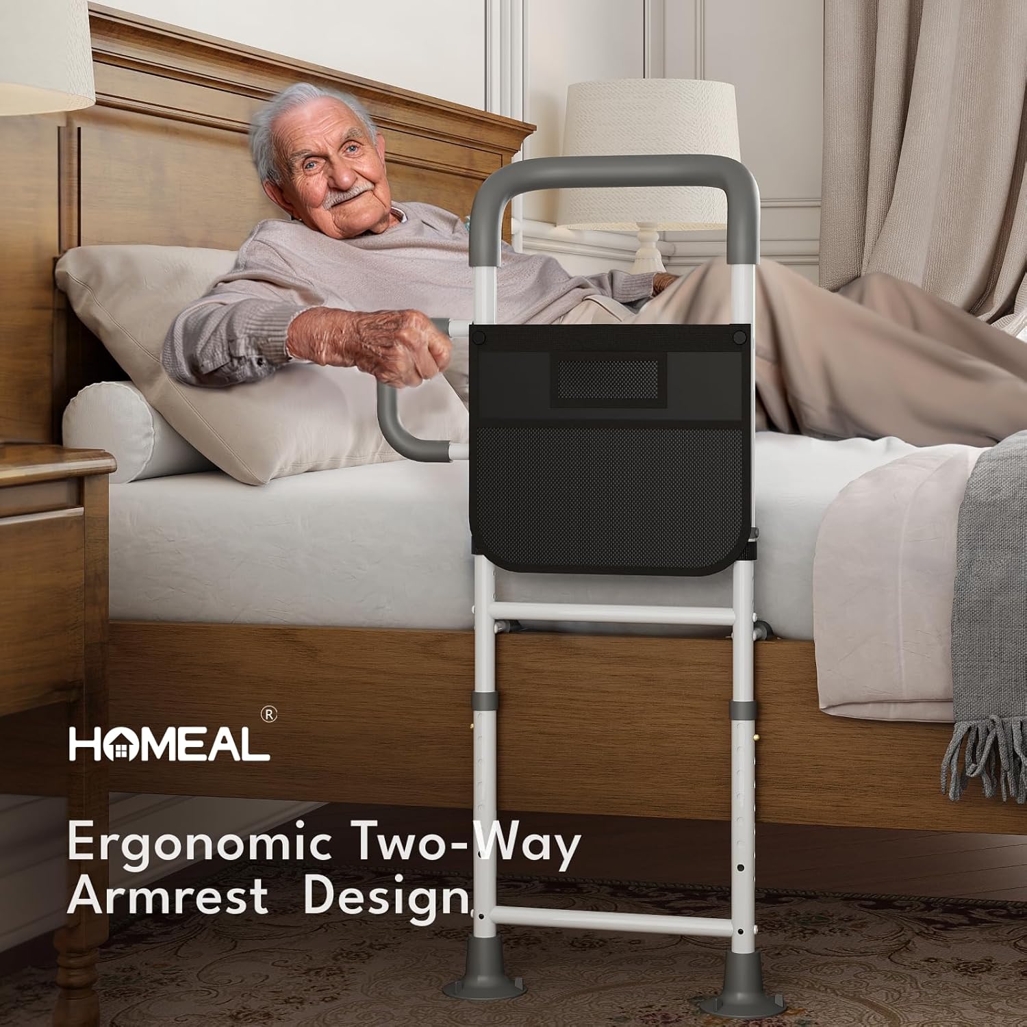 HOMEAL Bed Rails for Elderly Adults Safety - Height Adjustable Bedside Assist Rails for Seniors, Stable Bed Cane Guard Railings with Non-Slip Ergonomic Handle Bar and Storage Pocket (Grey) - Image 2