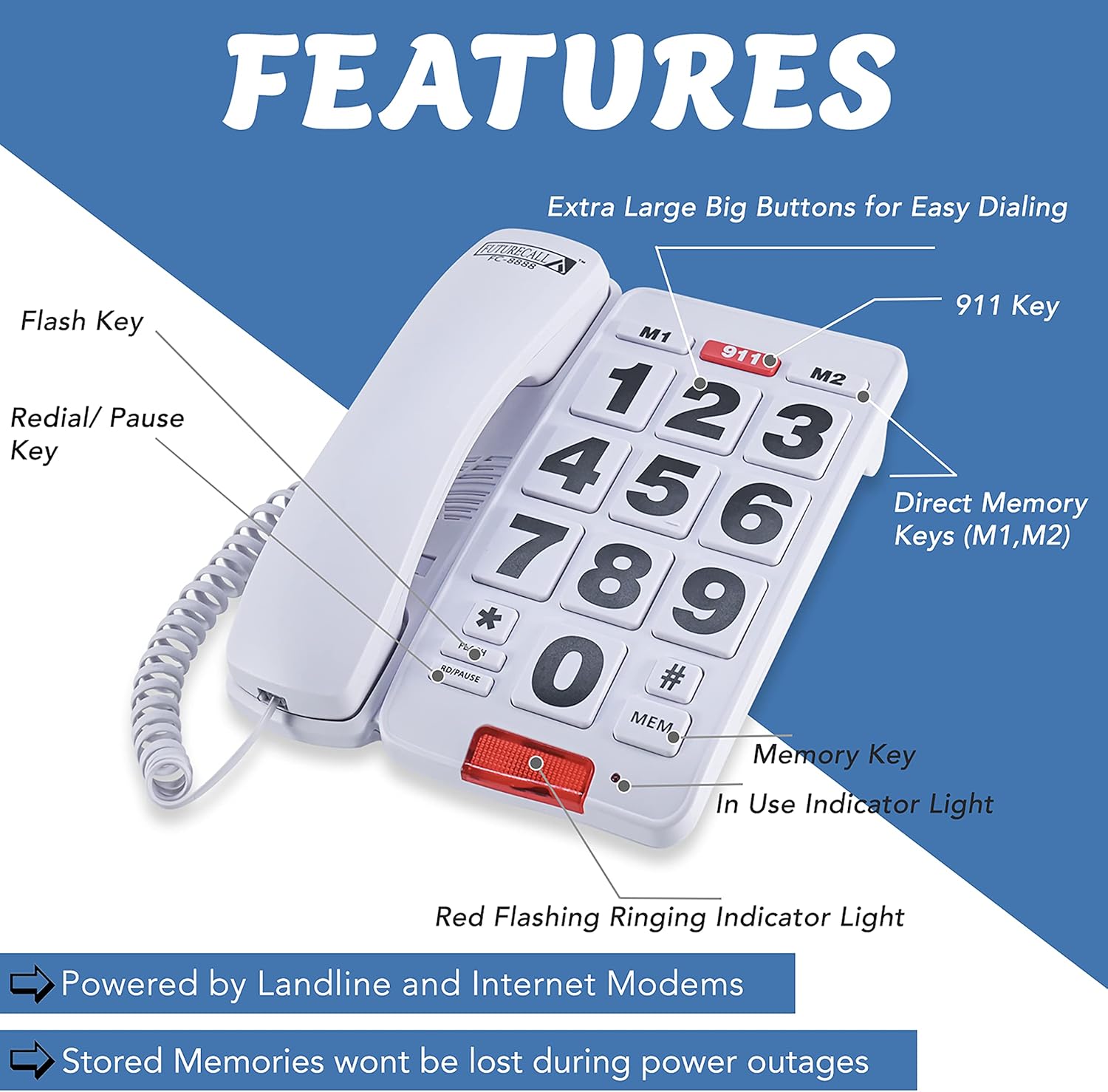 Future Call FC-8888 Big Button Phone for Seniors | Large Button Phones for Seniors | Phone for Visually Impaired and Telephones for Hearing Impaired | 40db Handset | Best Landline Phones for Seniors - Image 2