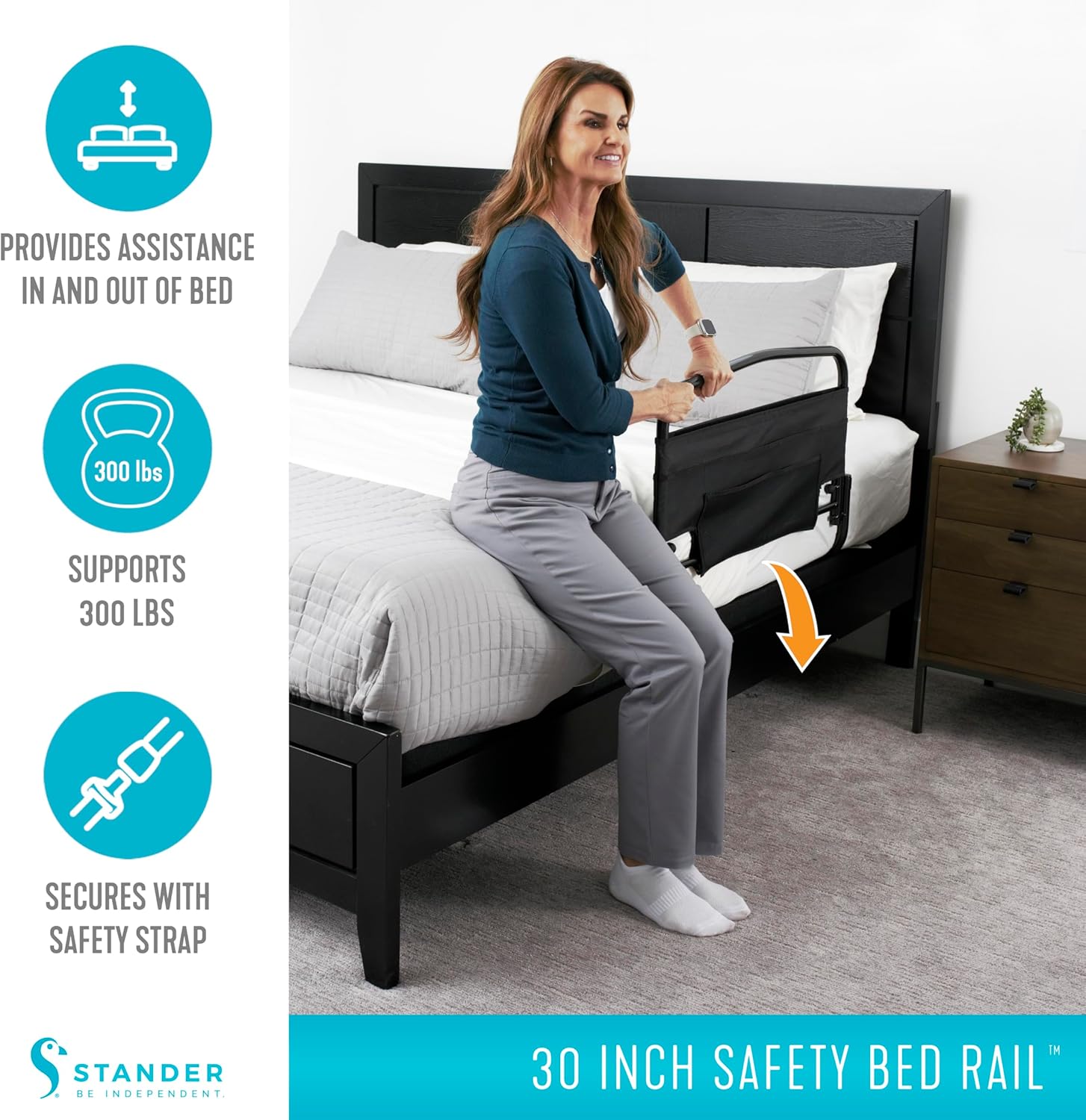 Stander 30inch Safety Bed Rail with Padded Pouch, Folding Guardrail for Adults, Seniors, and Elderly, Bedside Stand Assist Bar, Fits King, Queen, Full, and Twin Beds, ASTM Safety Approved Bedrail - Image 4