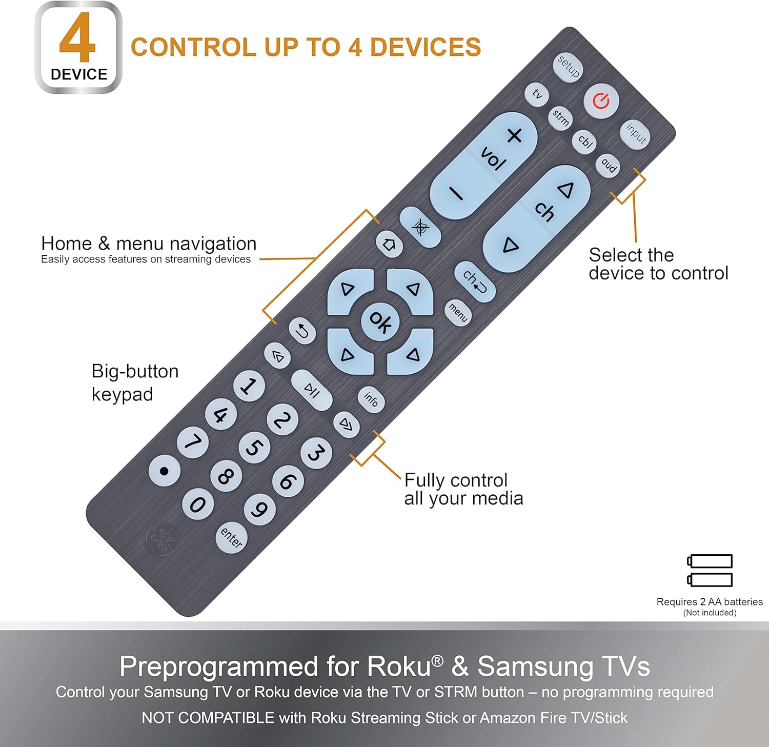 GE Universal Remote for Seniors, Elderly and Visually Impaired, Simple Use, Smart TV Compatible, 4 Device, Backlit, Brushed Graphite 71262 - Image 3