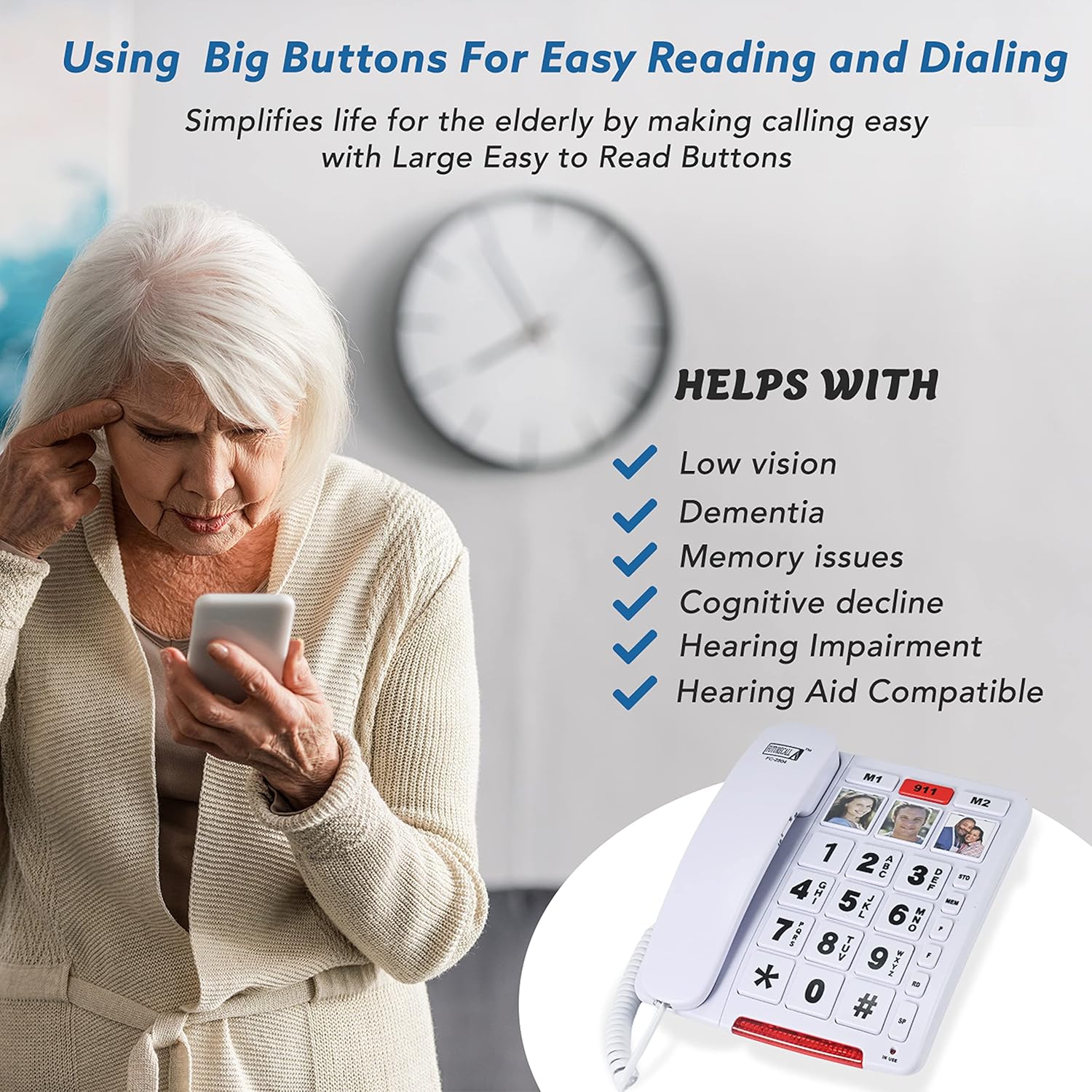 Future Call FC-2804 Big Button Phone for Seniors | 3 Picture Keys and Speakerphone | Amplified Telephones for Hearing Impaired Seniors 40db w/Extra Long 12' Cord | Simple Landline Phones for Seniors - Image 5
