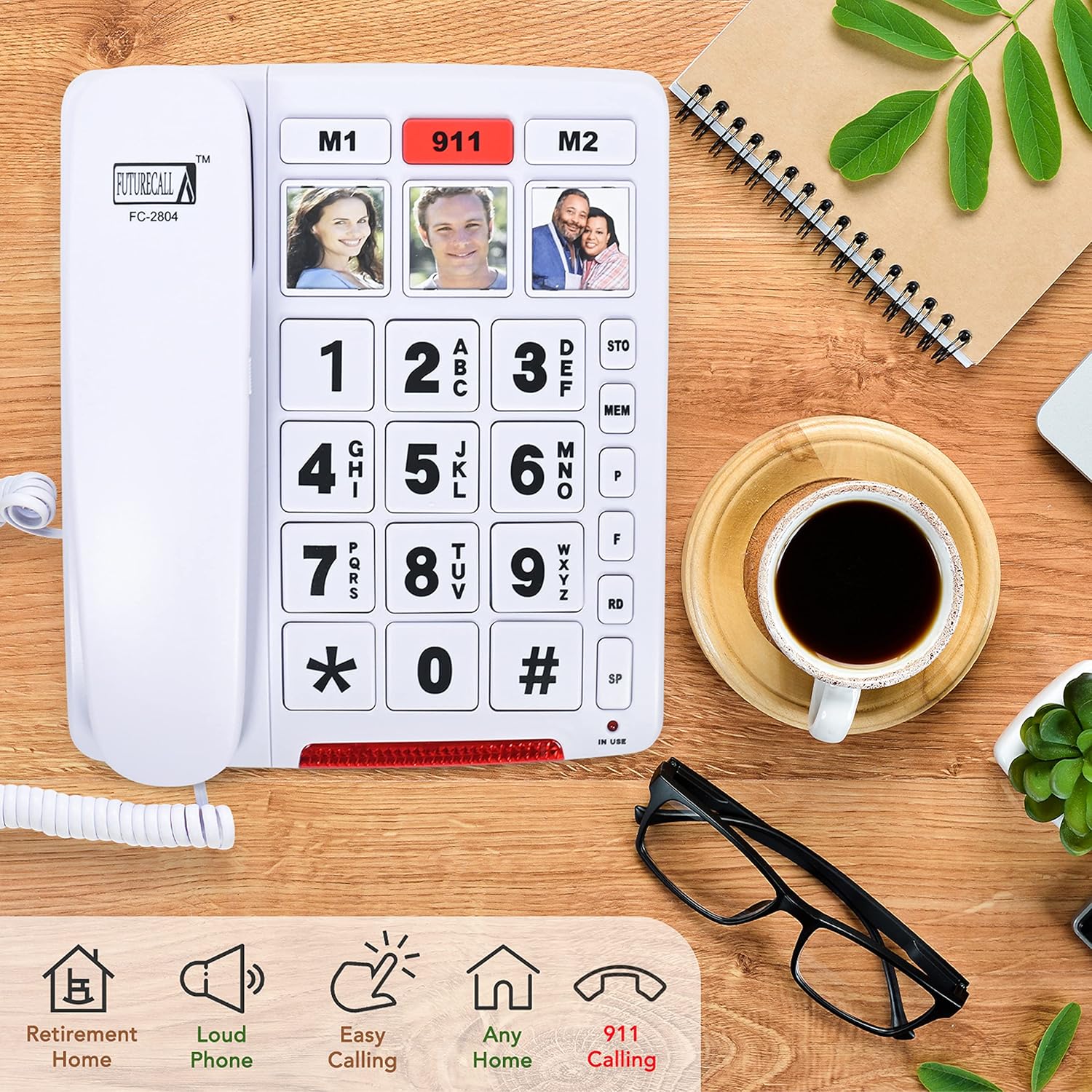 Future Call FC-2804 Big Button Phone for Seniors | 3 Picture Keys and Speakerphone | Amplified Telephones for Hearing Impaired Seniors 40db w/Extra Long 12' Cord | Simple Landline Phones for Seniors - Image 6