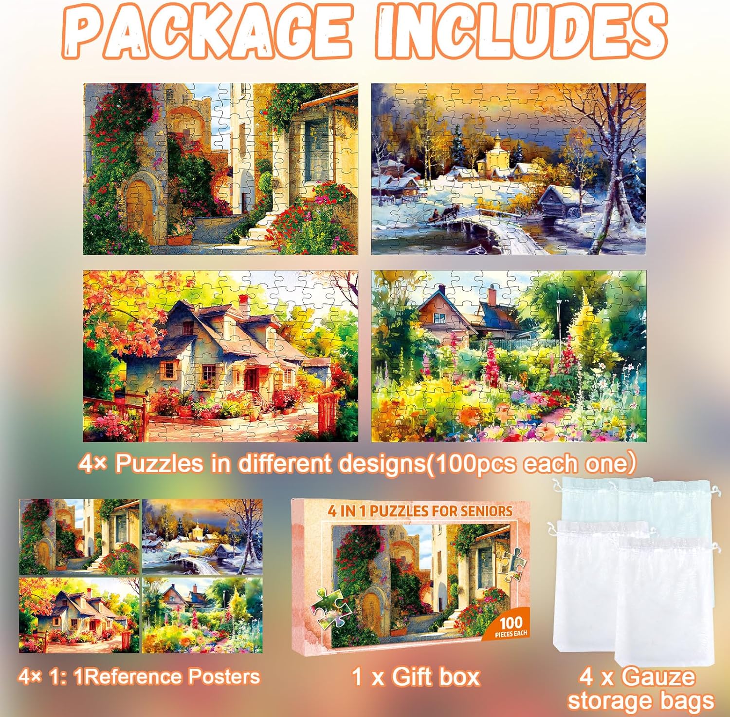 ZOiiWA 4 Pack 100 Pcs Dementia Puzzles for Elderly Country Life Dementia Alzheimers Products and Activities for Seniors Alzheimer’s Puzzles Memory Cognitive Games for Seniors Gift for Elderly Adults - Image 2