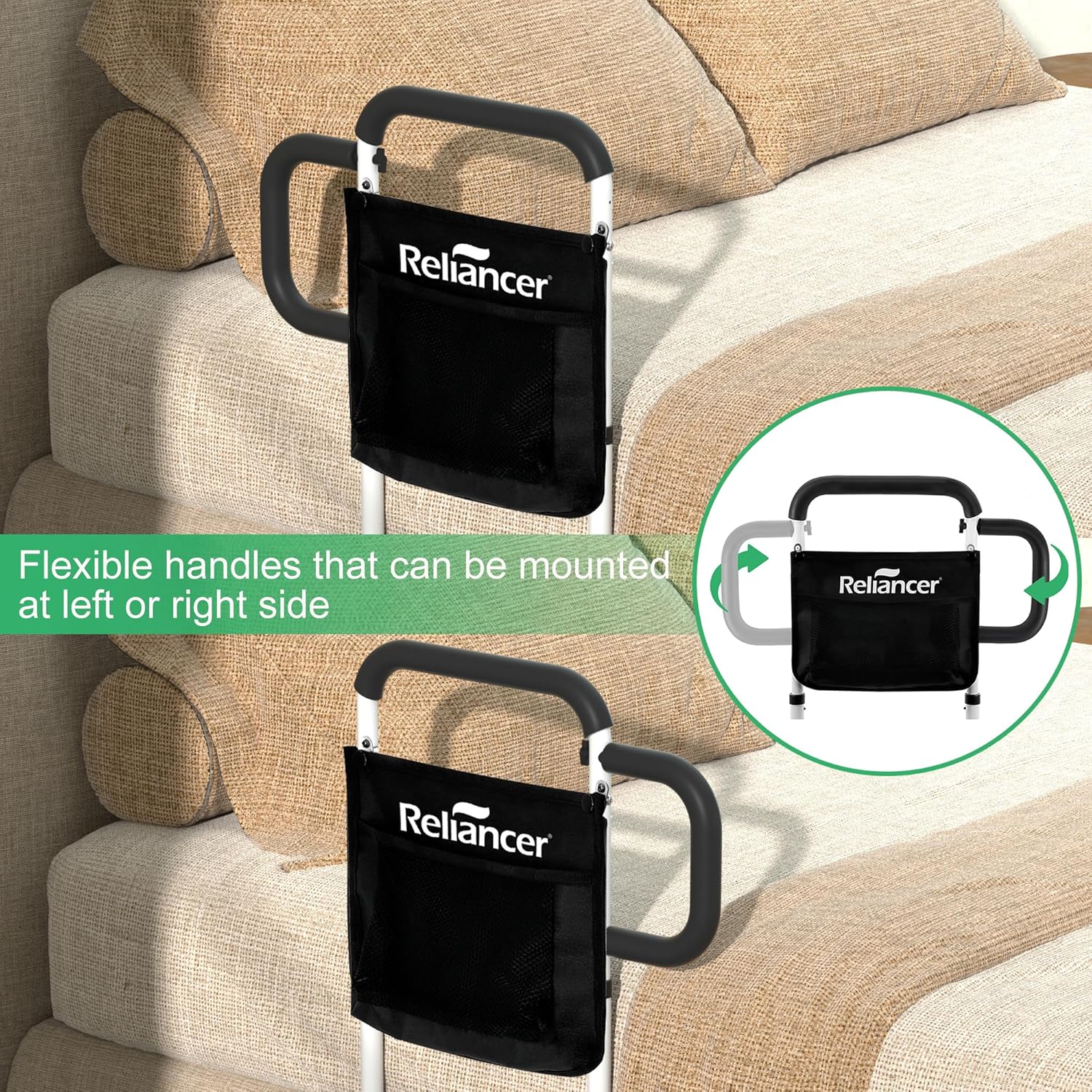 RELIANCER Bed Safety Rail for Elderly Adult w/Side Support Bar&Storage Bag,Dual Handle Assist Grab Bar for Seniors,Adjustable Bedside Support Railing,Bed Side Assist Guard Rail,Bedside Hand Guard Bar - Image 7