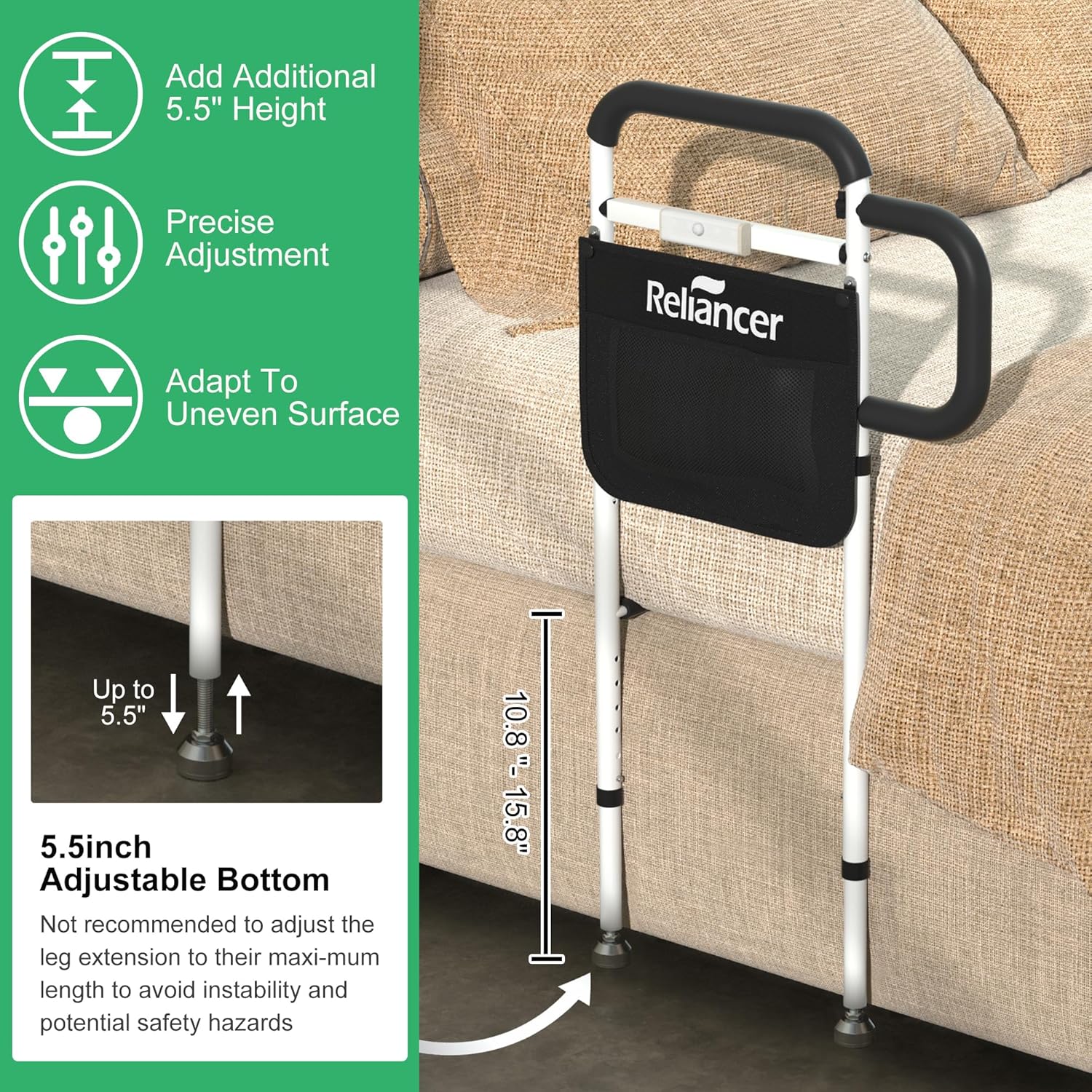 RELIANCER Bed Safety Rail for Elderly Adults w/Support Leg & Motion Light,Dual Handle Assist Grab Bar for Seniors,Adjustable Bedside Support Railings,Bed Side Assist Guard Rail,Bedside Hand Guard Bar - Image 5
